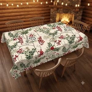 Könnte beinhalten: Eine rechteckige Tischdecke mit cremefarbenem Hintergrund und einem sich wiederholenden botanischen Muster aus grünen Kiefernnadeln und Büscheln leuchtend roter Beeren. Der Stoff liegt auf einem Tisch, der von vier Holzstühlen umgeben ist.