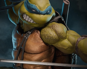 May include: A detailed sculpture of Leonardo, a Teenage Mutant Ninja Turtle, with a fierce expression. He wears a blue mask and has a brown chest and arm straps. A katana blade is visible. The figure has a textured, reptilian appearance.