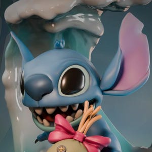 May include: A blue cartoon character with large eyes and a wide grin, riding a wave-shaped sculpture. A small doll with a pink bow sits in front of the character. The sculpture is set against a backdrop of palm trees.