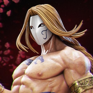 May include: A muscular figure with long blonde hair and a white mask with a black design. The figure wears gold armbands and a red sash. A red rose is held in the left hand. The background features falling red petals.