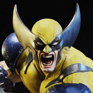 May include: A detailed figurine of Wolverine in a dynamic pose, showcasing his iconic yellow and blue costume. The figure features sharp claws, a snarling expression, and detailed musculature, set against a dark background.