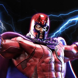 Op de afbeelding: Gedetailleerde illustratie van een superheldenfiguur in een rood en paars kostuum, met een helm en cape. Het personage houdt twee gloeiende blauwe bollen vast, met bliksemflitsen op de achtergrond. Het figuur heeft een strenge uitdrukking.