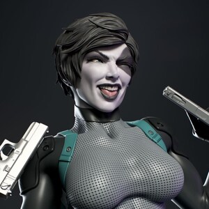 May include: A detailed statue of a female character with short dark hair, a white and black complexion, and a playful expression. She wears a grey and teal bodysuit and holds two silver pistols. The figure is set against a dark background.