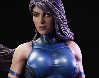 May include: A detailed statue of a female superhero with long, flowing purple hair. She wears a blue bodysuit with red accents and armbands. The figure has a determined expression and is holding a glowing energy effect.