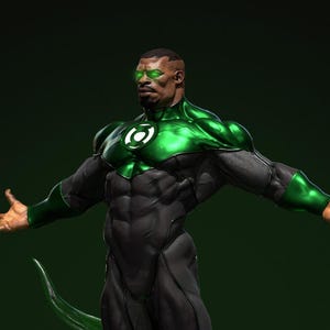 Peut inclure: Une figurine de collection représentant un super-héros à la peau foncée, vêtu d'une combinaison vert métallique et noir mat avec un emblème circulaire vert sur la poitrine. La figurine a des yeux vert brillant et repose sur un socle rocheux.