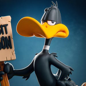 Könnte beinhalten: 3D-gerendertes Bild von Daffy Duck, einer schwarzen Cartoon-Ente mit einem großen gelben Schnabel, die einen weißen Kragen trägt. Er hält ein Schild mit der Aufschrift "IT'S ON". Der Hintergrund ist ein Blauton.