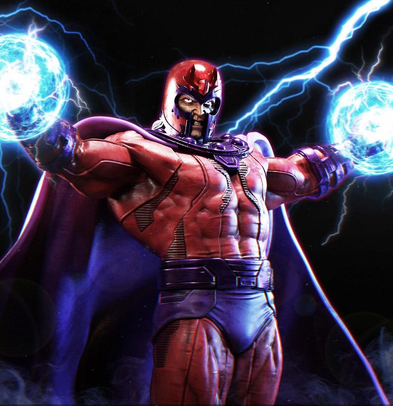Op de afbeelding: Gedetailleerde illustratie van een superheldenfiguur in een rood en paars kostuum, met een helm en cape. Het personage houdt twee gloeiende blauwe bollen vast, met bliksemflitsen op de achtergrond. Het figuur heeft een strenge uitdrukking.