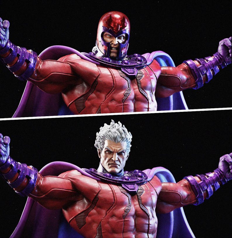 Op de afbeelding: Gedetailleerd beeld van Magneto, een Marvel Comics-personage, in twee versies. E&eacute;n heeft een rode helm, de andere wit haar. Beide figuren zijn gespierd, dragen rode en paarse bepantsering met een cape, armen uitgestrekt.