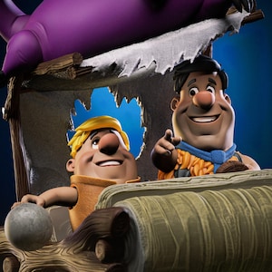 May include: A detailed figurine featuring characters from The Flintstones cartoon. Fred and Barney are in a car, with Dino the dinosaur above them. The scene is set against a blue backdrop. The text "AVAILABLE ON PATREON" is visible.
