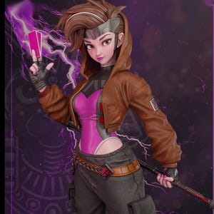 May include: A stylized figurine of a character with brown hair, wearing a brown hooded jacket over a magenta bodysuit and dark gray cargo pants. The figure holds a pink card in one hand and a long staff in the other, surrounded by purple energy.