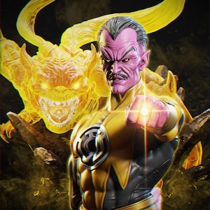 May include: A detailed collectible statue of a purple-skinned character with a mustache, wearing a yellow and black suit with a circular emblem on the chest. The figure extends a fist with a glowing yellow ring, accompanied by a translucent yellow creature.