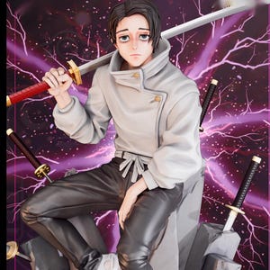 May include: A figurine of a character with dark hair and tired eyes, wearing a high-collared light gray jacket and black pants. The character holds a long sword with a red handle over their shoulder, while several other swords are embedded in stone.