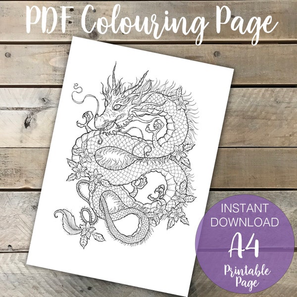 Chinese Dragon A4 Printable Coloring Page for Adults, Chinese New Year