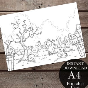 May include: A black and white line drawing of a spooky graveyard scene with a bare tree, tombstones, and a skull. The tombstones have inscriptions like "RIP" and "Here Lies".