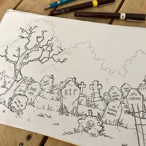 May include: A black and white line drawing of a graveyard with a large tree in the center. The drawing includes several tombstones with inscriptions such as "Here Lies", "RIP", "Love Eternal", "In Loving Memory", and "Evermore".