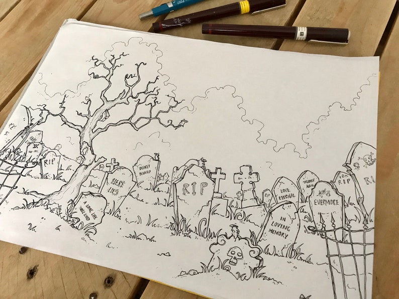 May include: A black and white line drawing of a graveyard with a large tree in the center. The drawing includes several tombstones with inscriptions such as "Here Lies", "RIP", "Love Eternal", "In Loving Memory", and "Evermore".