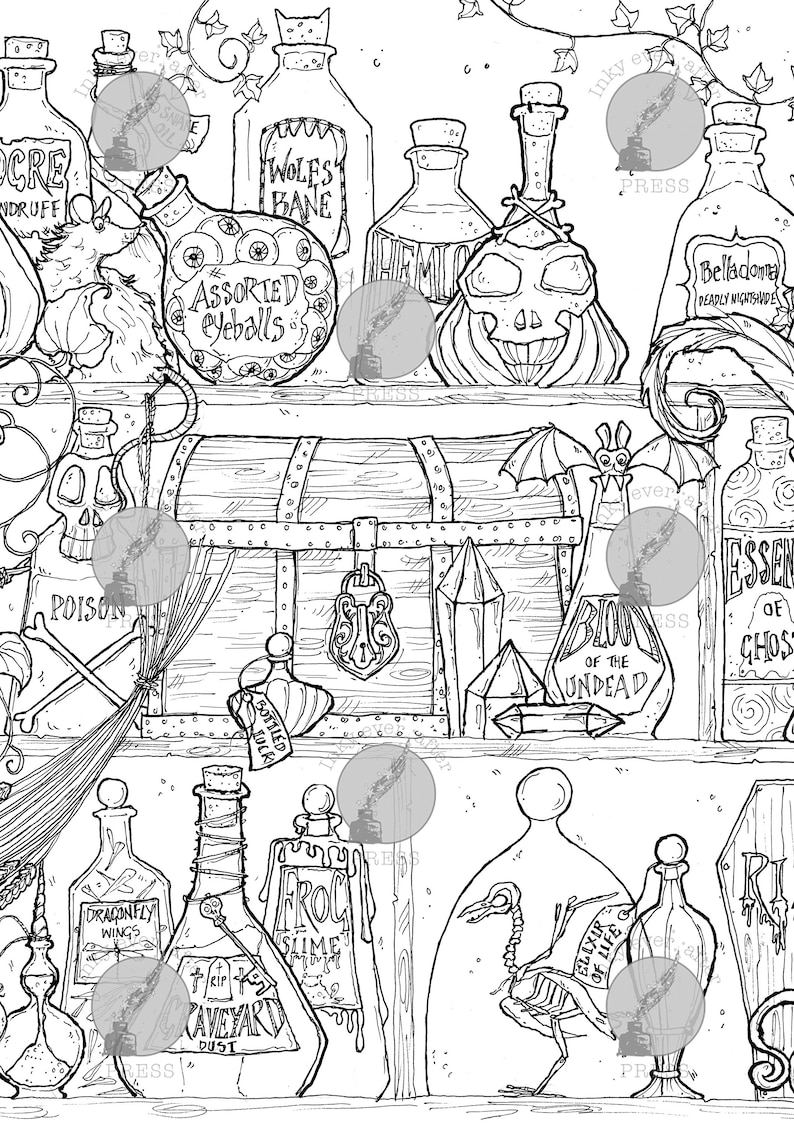 Potion Bottles Coloring Page Witches Brew and Black Magic by | Etsy