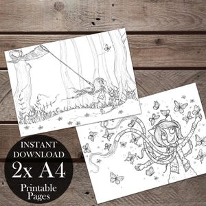 May include: Two black and white printable colouring pages featuring a girl with long hair and a butterfly net in a forest and a girl with long hair and butterfly wings surrounded by butterflies. The text "INSTANT DOWNLOAD 2x A4 Printable Pages" is at the bottom of the image.