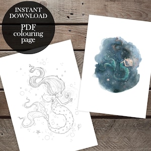Soul of a Mermaid Coloring Page for Adults, Underwater, Sea, Ocean, Magic