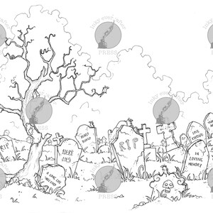 May include: A black and white illustration of a graveyard with a large tree in the background. The tombstones have various inscriptions, including "RIP", "Here Lies", "A Long Life Well Lived", "Love Eternal", "In Loving Memory", "Evermore", and "Dukey Mundo".