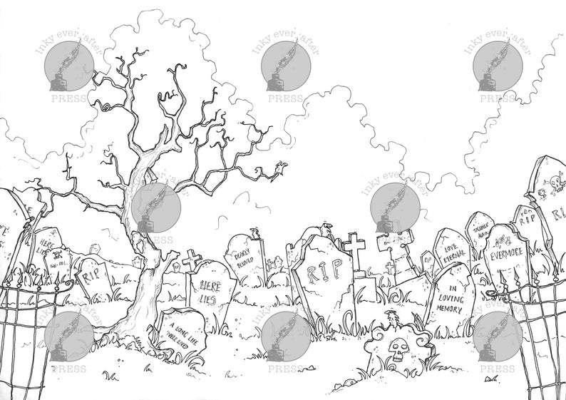 May include: A black and white illustration of a graveyard with a large tree in the background. The tombstones have various inscriptions, including "RIP", "Here Lies", "A Long Life Well Lived", "Love Eternal", "In Loving Memory", "Evermore", and "Dukey Mundo".