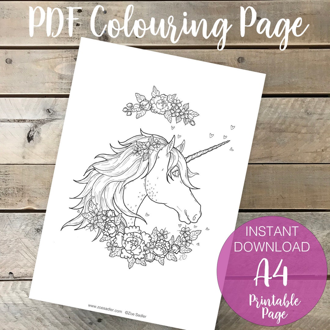 Magical Unicorn A4 Printable Coloring Page for Adults, Floral and ...