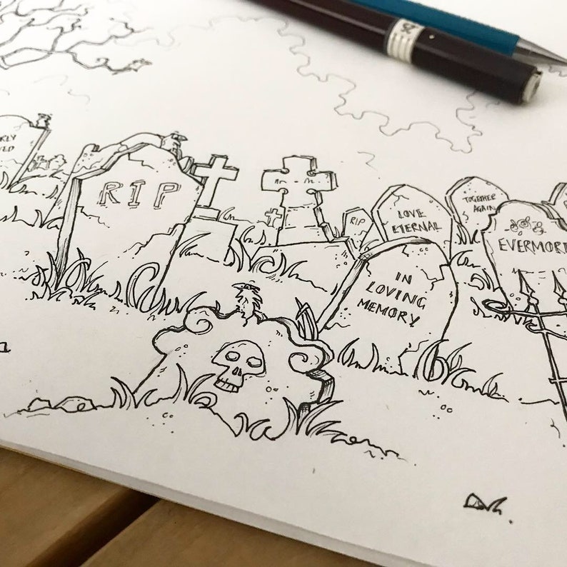 May include: Black and white line drawing of a graveyard with several tombstones. The tombstones have inscriptions such as "RIP", "Love Eternal", "Together Again", and "In Loving Memory".
