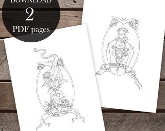 May include: Two black and white printable coloring pages featuring illustrations of Frankenstein and his Bride. The Bride of Frankenstein is holding a bouquet of flowers and the text "Bride of Frankenstein" is written on a banner below her. Frankenstein is holding a heart with the text "Frankenstein" on a banner below him.