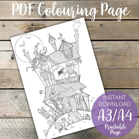 Spooky Haunted House Coloring Page For Adults Etsy