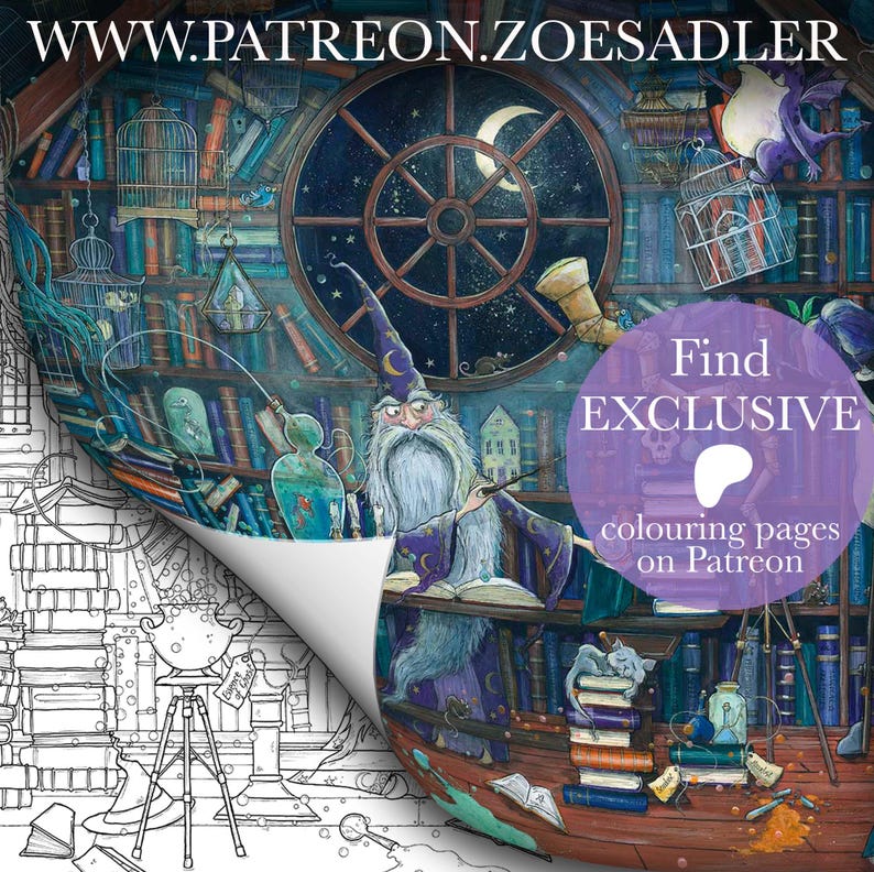 May include: A whimsical illustration of a wizard in a purple robe, with a long white beard, holding a wand, sitting in a library with bookshelves filled with books, a large window with a moon and stars, and a cat sleeping on a stack of books. The text "Find EXCLUSIVE colouring pages on Patreon" is in a purple circle.