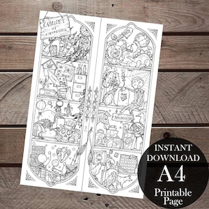May include: A black and white printable coloring page featuring a cabinet of curiosities. The cabinet is filled with various objects, including a skeleton, a dinosaur, a skull, a bird, a clock, a globe, and a variety of jars and bottles. The text "CABINET OF CURIOSITIES" is written on a sign above the cabinet.