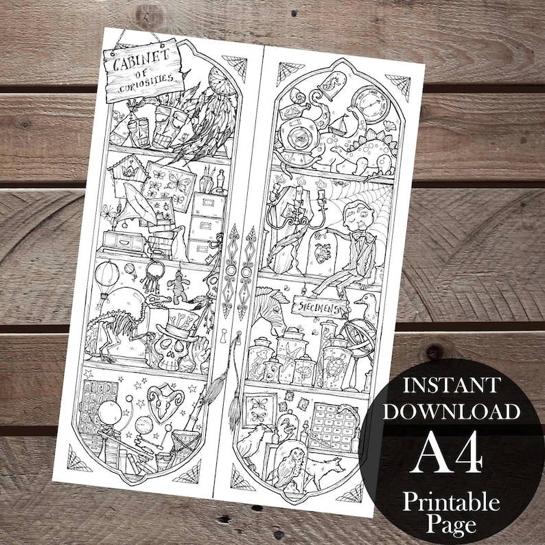 May include: A black and white printable coloring page featuring a cabinet of curiosities. The cabinet is filled with various objects, including a skeleton, a dinosaur, a skull, a bird, a clock, a globe, and a variety of jars and bottles. The text "CABINET OF CURIOSITIES" is written on a sign above the cabinet.