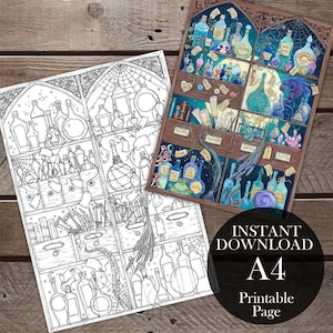 May include: Two printable A4 pages featuring a fantasy apothecary theme. One is a detailed, colored illustration of potion bottles on shelves. The other is a black and white line drawing of the same scene, ready for coloring.