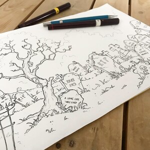 May include: A black and white line drawing of a graveyard with a large tree in the foreground. The drawing includes several tombstones with inscriptions such as "Here Lies", "A Long Life Well Lived", and "RIP".