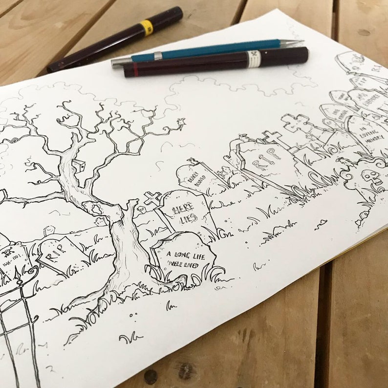 May include: A black and white line drawing of a graveyard with a large tree in the foreground. The drawing includes several tombstones with inscriptions such as "Here Lies", "A Long Life Well Lived", and "RIP".