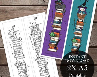Book Witch Bookmark, PDF Colouring Page, Download and Keep Bookmark