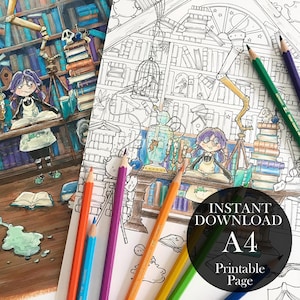 Könnte beinhalten: Eine druckbare Malvorlage mit einem Mädchen, das in einer Bibliothek mit einem großen Bücherregal voller Bücher liest. Die Seite ist von Buntstiften umgeben und dem Text "INSTANT DOWNLOAD A4 Printable Page".