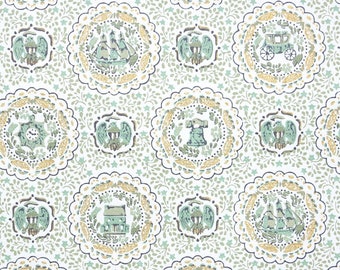 Retro Wallpaper by the Yard 50s Vintage Wallpaper - 1950s Novelty Seafoam Green and Metallic Gold Patriotic Eagles Bells and Ships