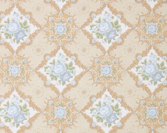 1960s Vintage Wallpaper by the Yard - Retro Floral Wallpaper with Blue Roses on Tan