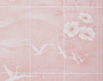 Retro Wallpaper by the Yard 80s Vintage Wallpaper - 1980s Retro Bathroom Wallpaper Pink Landscape with Flowers and Birds