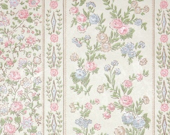 1970s Vintage Floral Stripe Wallpaper - Pink, Blue, Beige Roses