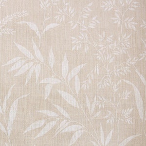 May include: Beige wallpaper with a white floral pattern. The pattern features delicate leaves and branches.