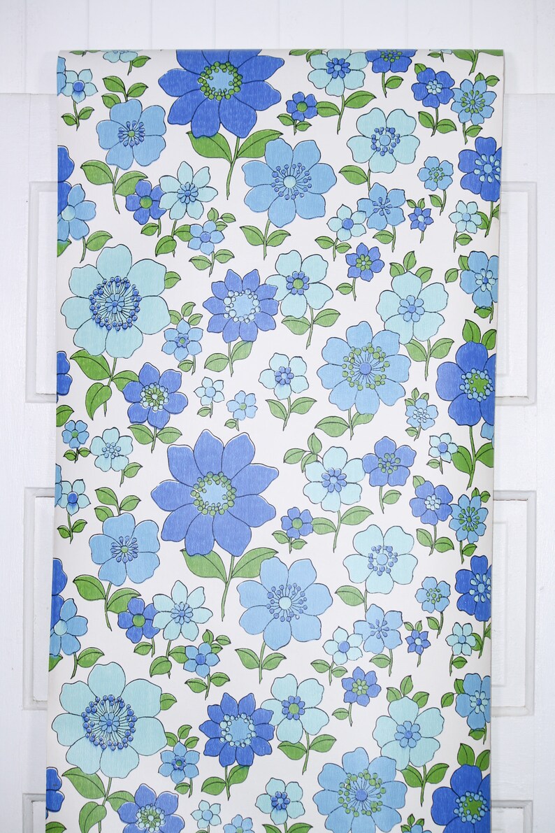 1970s Vintage Wallpaper by the Yard Retro Floral Wallpaper with Bright Blue and Turquoise Flowers on White image 3