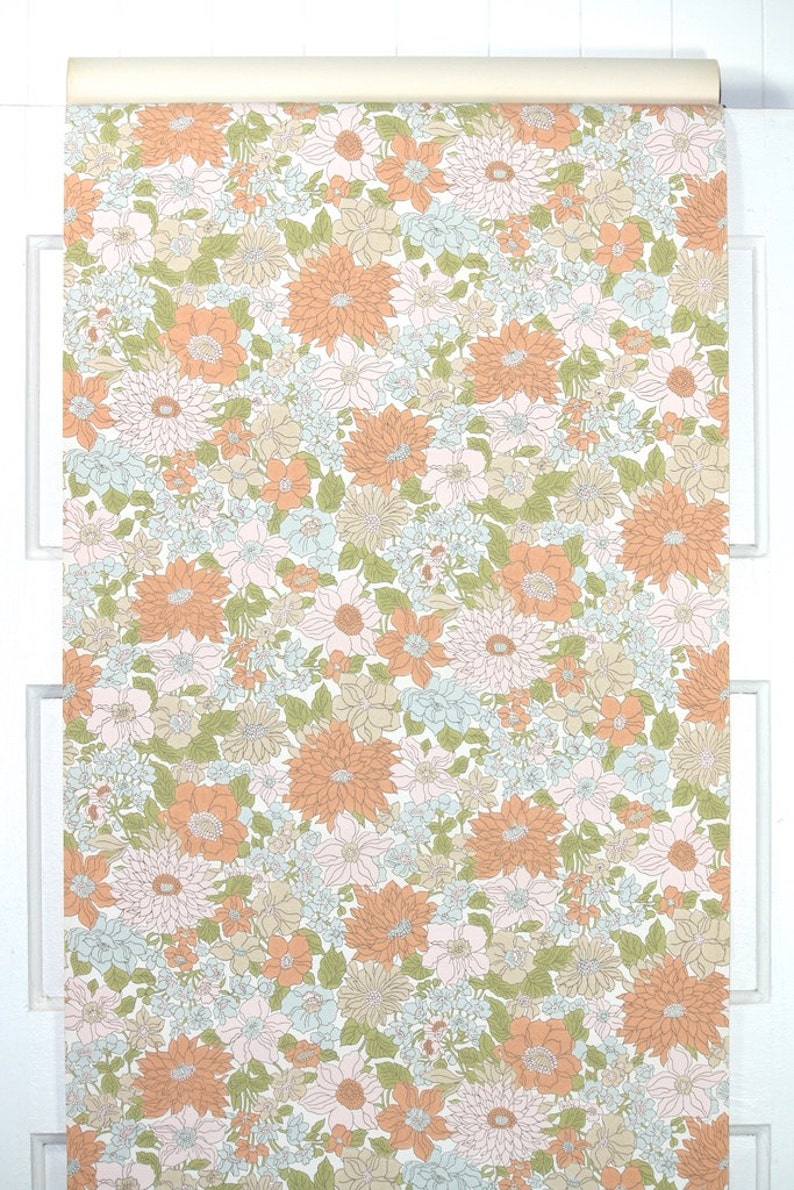 Retro Wallpaper by the Yard 70s Vintage Wallpaper 1970s Pink Blue and Peach Floral