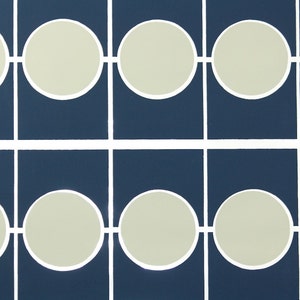 May include: Abstract geometric pattern with navy blue squares and light grey circles. White lines link the circles horizontally. The design repeats across the image, creating a symmetrical and modern aesthetic. A repeating pattern.