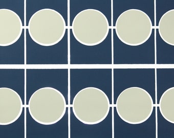 Vintage 70s Vinyl Wallpaper - Navy Blue Geometric Circles and Tiles