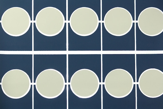 Vintage 70s Vinyl Wallpaper - Navy Blue Geometric Circles and Tiles