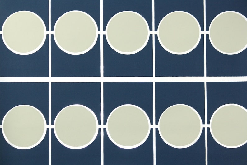 May include: Abstract geometric pattern with navy blue squares and light grey circles. White lines link the circles horizontally. The design repeats across the image, creating a symmetrical and modern aesthetic. A repeating pattern.