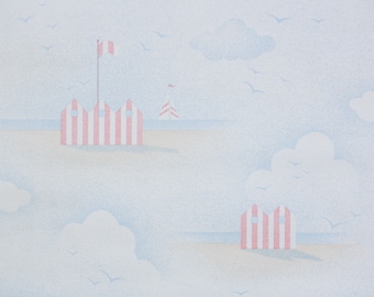 1980s Retro Wallpaper by the Yard - Novelty Seashore Landscape