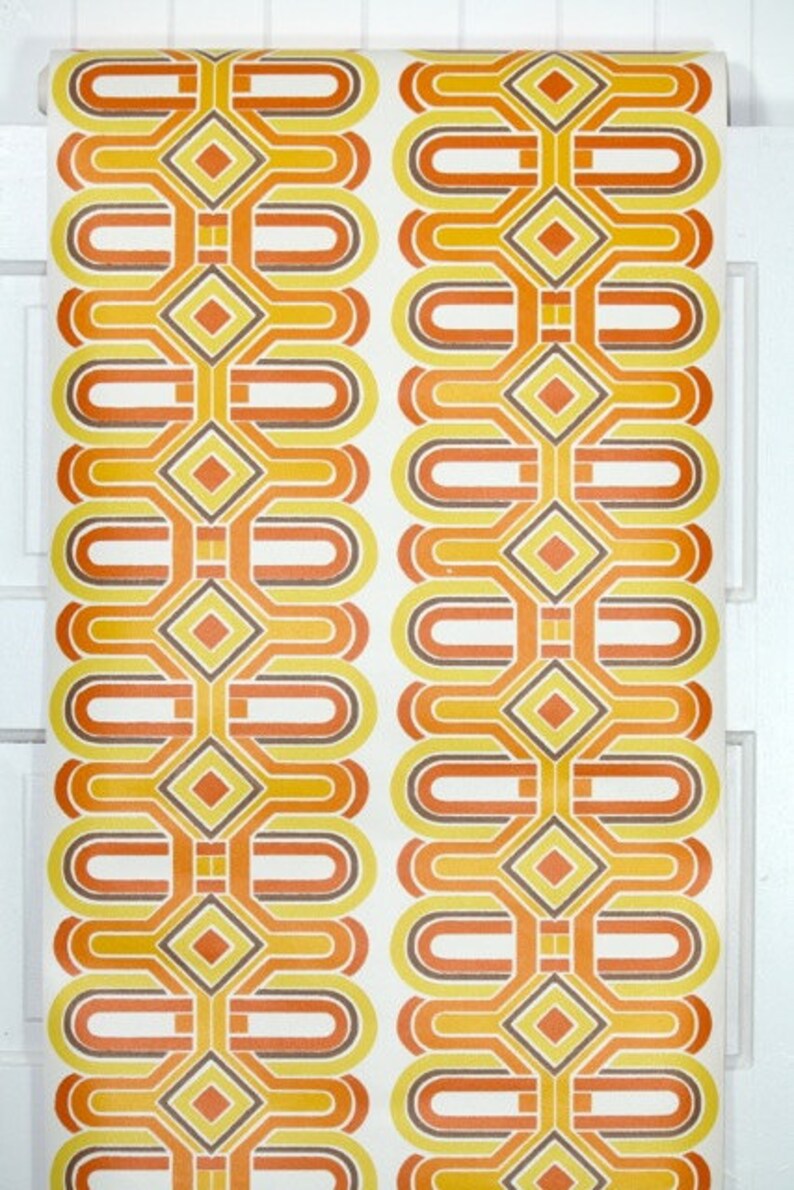 Retro Wallpaper by the Yard 70s Vintage Wallpaper 1970s Yellow Orange Brown and White Geometric Stripe image 3